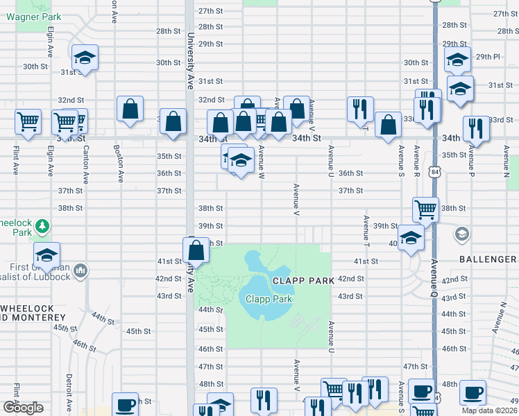map of restaurants, bars, coffee shops, grocery stores, and more near 2303 38th Street in Lubbock