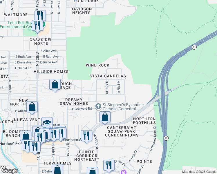 map of restaurants, bars, coffee shops, grocery stores, and more near 8415 North 17th Street in Phoenix