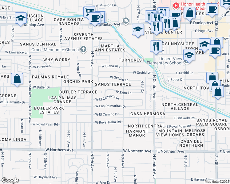 map of restaurants, bars, coffee shops, grocery stores, and more near 338 West El Caminito Drive in Phoenix