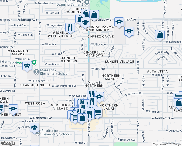 map of restaurants, bars, coffee shops, grocery stores, and more near 8428 North 34th Drive in Phoenix