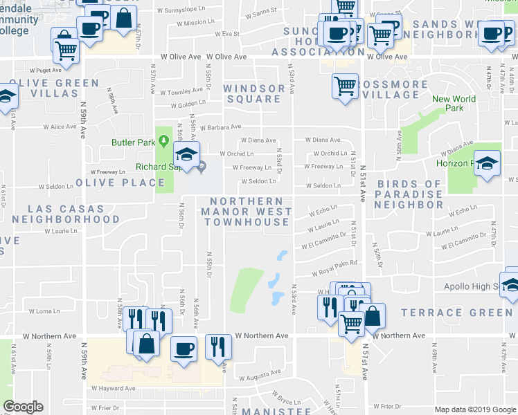 map of restaurants, bars, coffee shops, grocery stores, and more near 5424 West Laurie Lane in Glendale