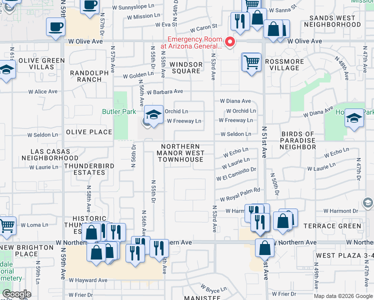 map of restaurants, bars, coffee shops, grocery stores, and more near 5424 West Laurie Lane in Glendale