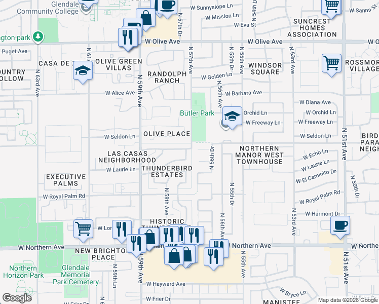 map of restaurants, bars, coffee shops, grocery stores, and more near 8413 North 57th Drive in Glendale