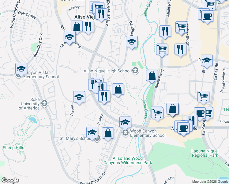 map of restaurants, bars, coffee shops, grocery stores, and more near 181 Matisse Circle in Aliso Viejo