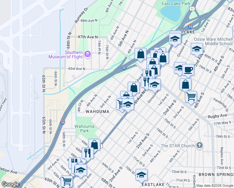 map of restaurants, bars, coffee shops, grocery stores, and more near 218 74th Street North in Birmingham