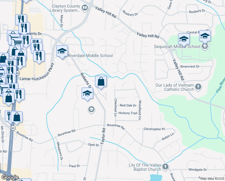 map of restaurants, bars, coffee shops, grocery stores, and more near 235 Roberts Drive in Riverdale
