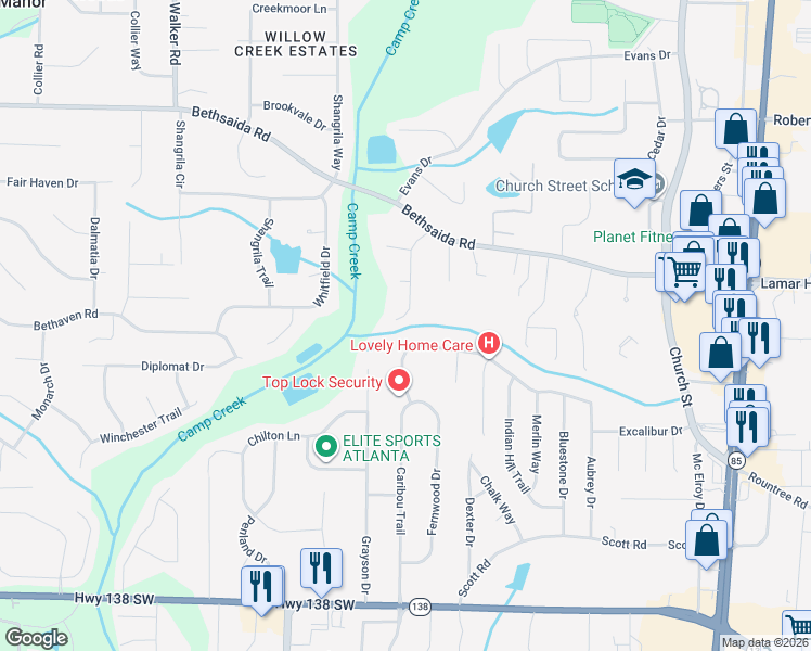 map of restaurants, bars, coffee shops, grocery stores, and more near 7168 Scott Trail in Riverdale
