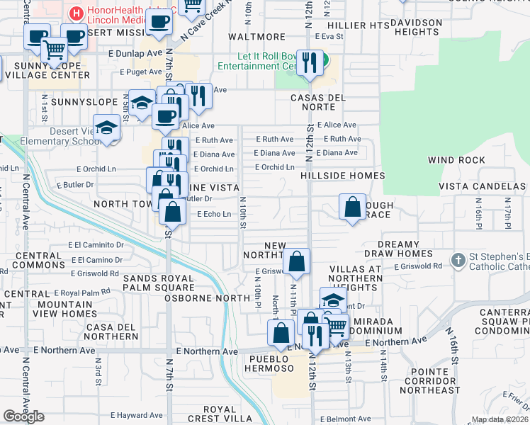 map of restaurants, bars, coffee shops, grocery stores, and more near 1039 East Butler Drive in Phoenix