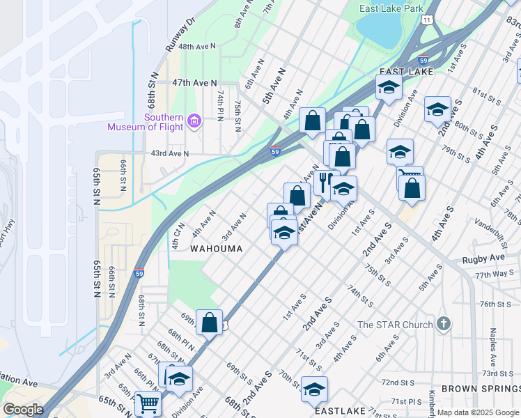 map of restaurants, bars, coffee shops, grocery stores, and more near 218 74th Street North in Birmingham