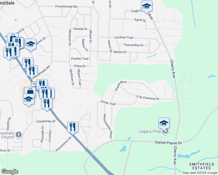 map of restaurants, bars, coffee shops, grocery stores, and more near 1141 Eastview Circle in Birmingham