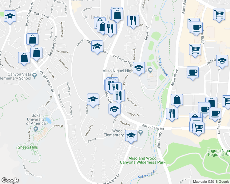 map of restaurants, bars, coffee shops, grocery stores, and more near 27792 Aliso Creek Road in Aliso Viejo