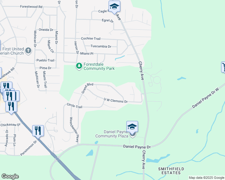 map of restaurants, bars, coffee shops, grocery stores, and more near 1295 Grand Boulevard in Birmingham