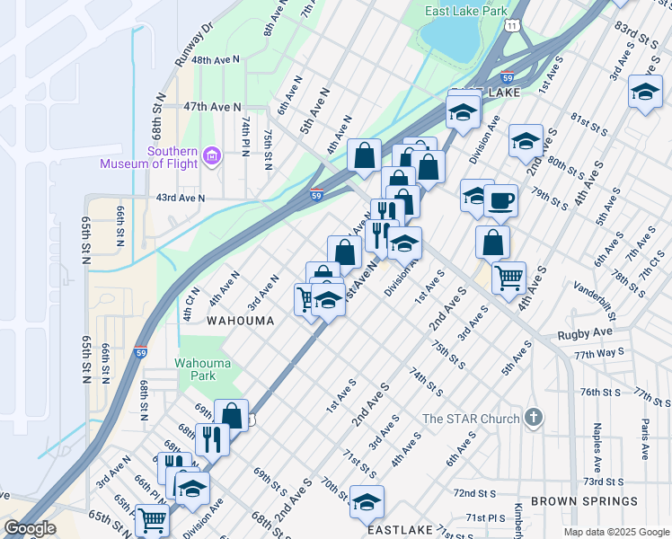 map of restaurants, bars, coffee shops, grocery stores, and more near 7432 1st Avenue North in Birmingham