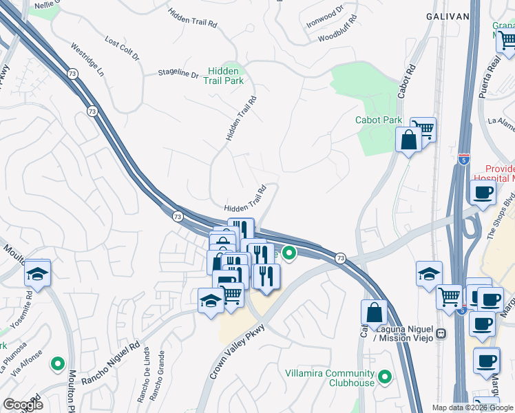 map of restaurants, bars, coffee shops, grocery stores, and more near 27771 Hidden Trail Road in Laguna Hills