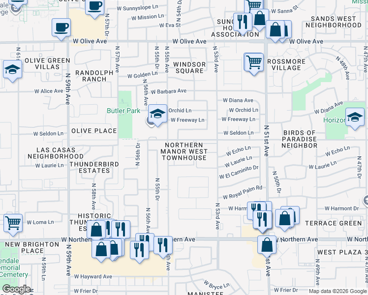 map of restaurants, bars, coffee shops, grocery stores, and more near 5424 West Laurie Lane in Glendale