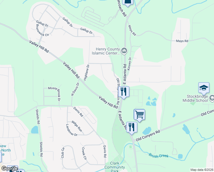 map of restaurants, bars, coffee shops, grocery stores, and more near 136 Cactus Lane in Stockbridge