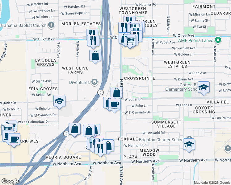 map of restaurants, bars, coffee shops, grocery stores, and more near 8610 North 91st Avenue in Peoria