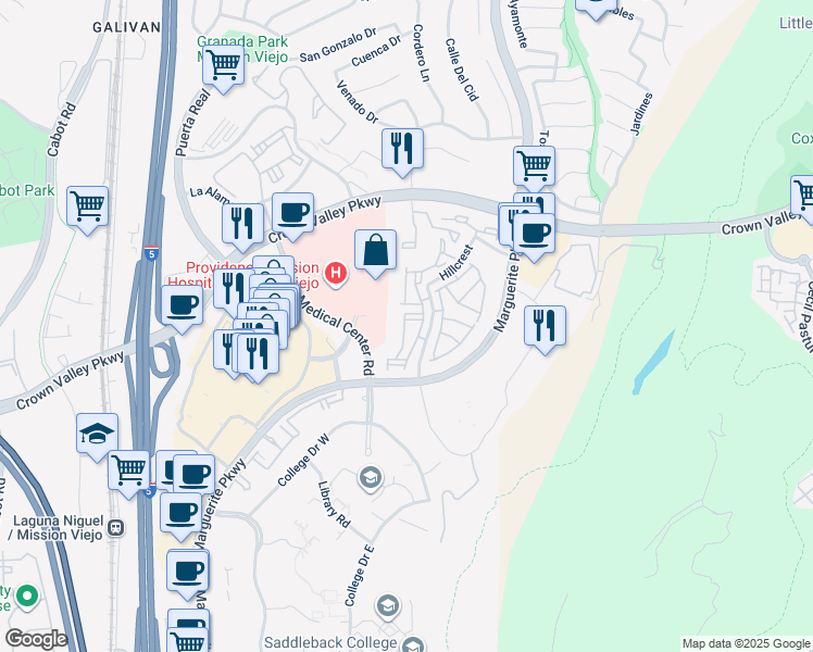 map of restaurants, bars, coffee shops, grocery stores, and more near 27775 Zircon in Mission Viejo