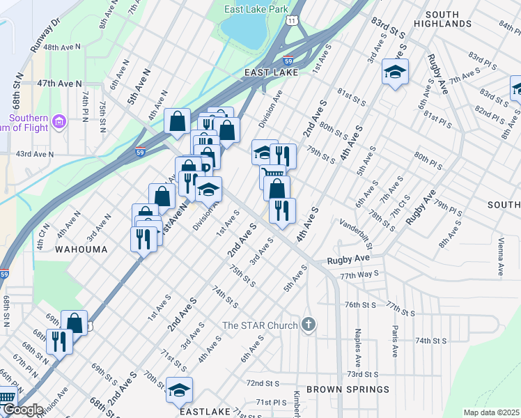 map of restaurants, bars, coffee shops, grocery stores, and more near 7712 2nd Avenue South in Birmingham