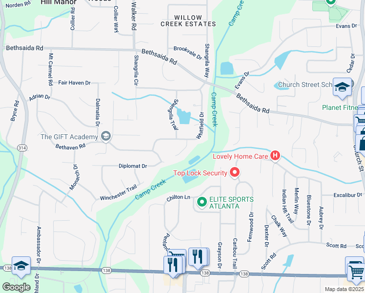 map of restaurants, bars, coffee shops, grocery stores, and more near 7173 Blackjack Court in Riverdale