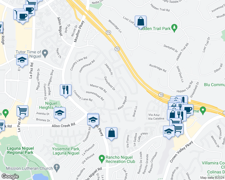 map of restaurants, bars, coffee shops, grocery stores, and more near 27731 Daisyfield Drive in Laguna Niguel