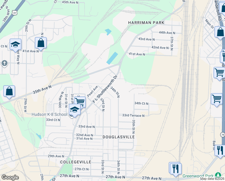 map of restaurants, bars, coffee shops, grocery stores, and more near 3406 34th Street North in Birmingham