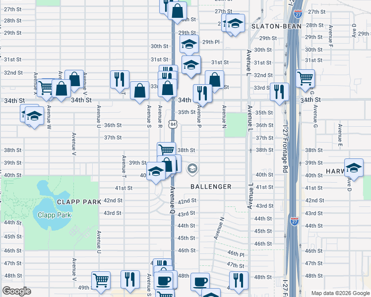 map of restaurants, bars, coffee shops, grocery stores, and more near 1611 38th Street in Lubbock