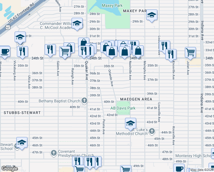 map of restaurants, bars, coffee shops, grocery stores, and more near 4211 38th Street in Lubbock
