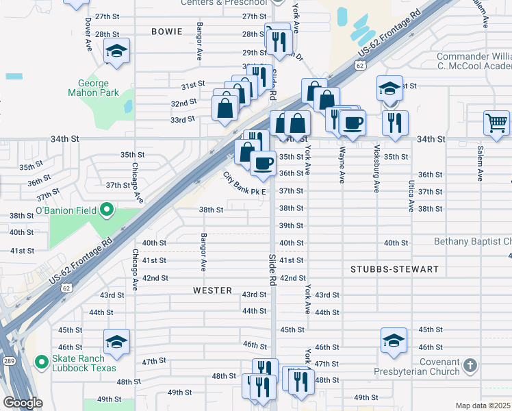 map of restaurants, bars, coffee shops, grocery stores, and more near 5207 38th Street in Lubbock