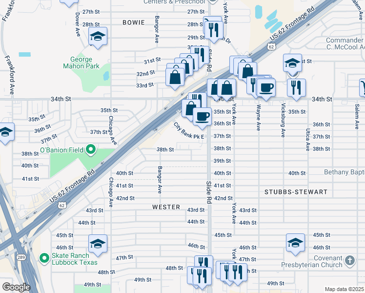 map of restaurants, bars, coffee shops, grocery stores, and more near 5309 38th Street in Lubbock