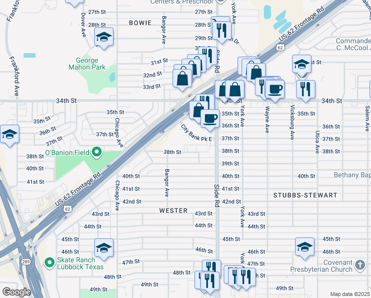 map of restaurants, bars, coffee shops, grocery stores, and more near 5309 38th Street in Lubbock