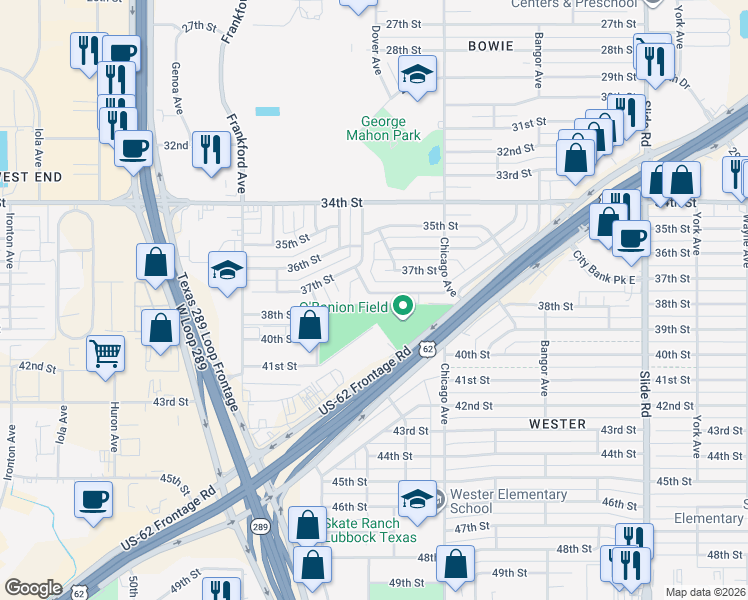 map of restaurants, bars, coffee shops, grocery stores, and more near 5617 38th Street in Lubbock