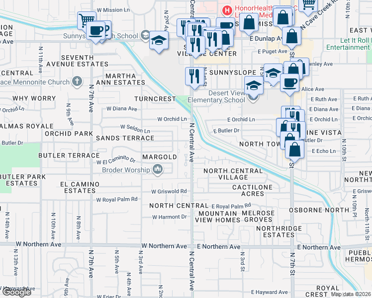 map of restaurants, bars, coffee shops, grocery stores, and more near 8424 North Central Avenue in Phoenix