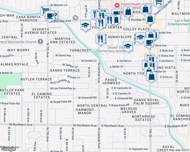 map of restaurants, bars, coffee shops, grocery stores, and more near 8424 North Central Avenue in Phoenix