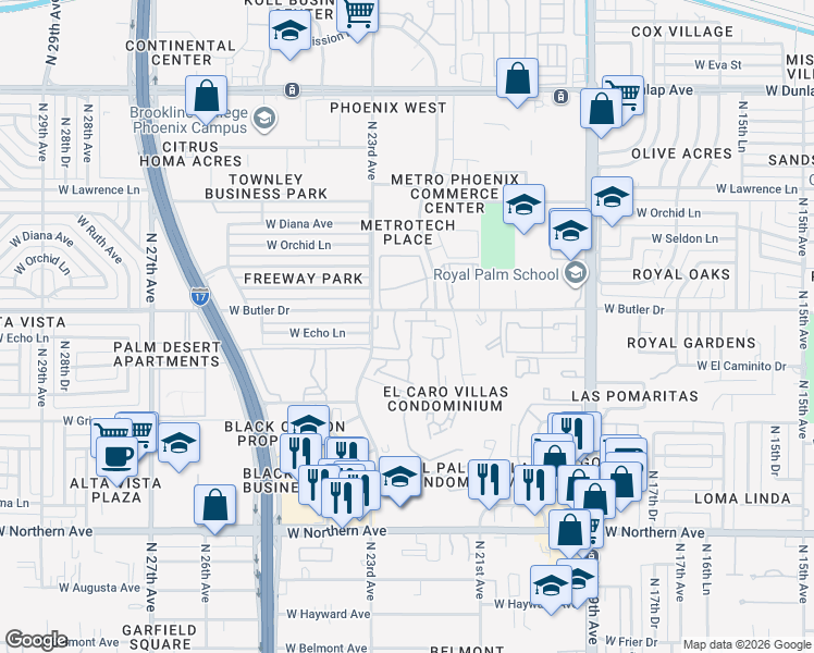 map of restaurants, bars, coffee shops, grocery stores, and more near 8445 North 23rd Avenue in Phoenix