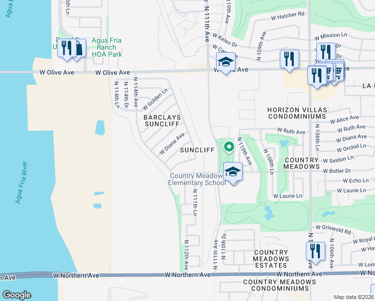 map of restaurants, bars, coffee shops, grocery stores, and more near 11234 North 112th Drive in Peoria