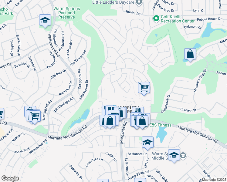 map of restaurants, bars, coffee shops, grocery stores, and more near 38655 Calle De La Siesta in Murrieta