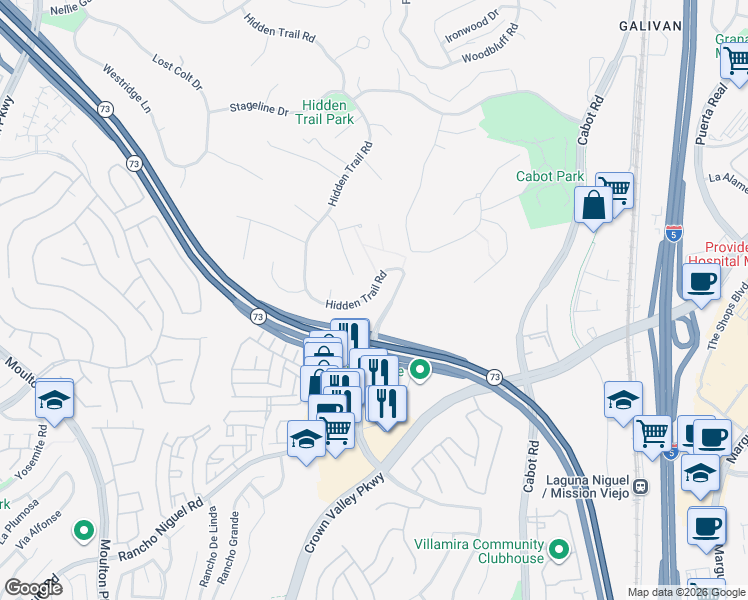 map of restaurants, bars, coffee shops, grocery stores, and more near 27771 Hidden Trail Road in Laguna Hills