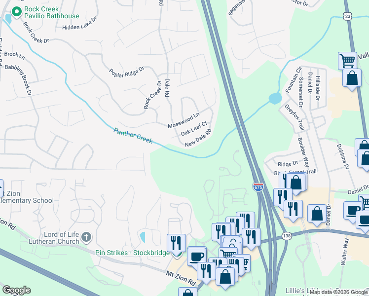 map of restaurants, bars, coffee shops, grocery stores, and more near 7119 New Dale Road in Rex
