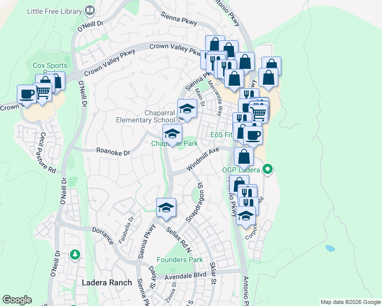 map of restaurants, bars, coffee shops, grocery stores, and more near 30 Three Vines Court in Mission Viejo