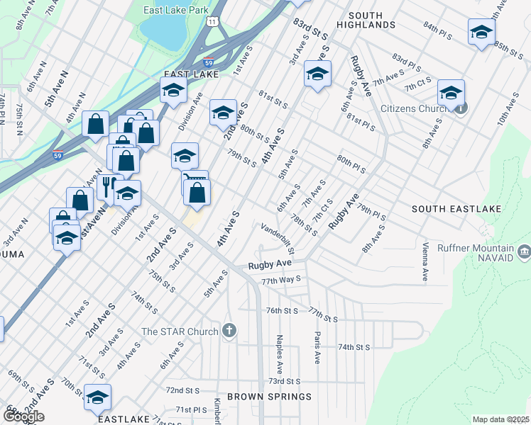 map of restaurants, bars, coffee shops, grocery stores, and more near 500 78th Street South in Birmingham