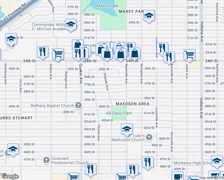 map of restaurants, bars, coffee shops, grocery stores, and more near 4021 38th Street in Lubbock