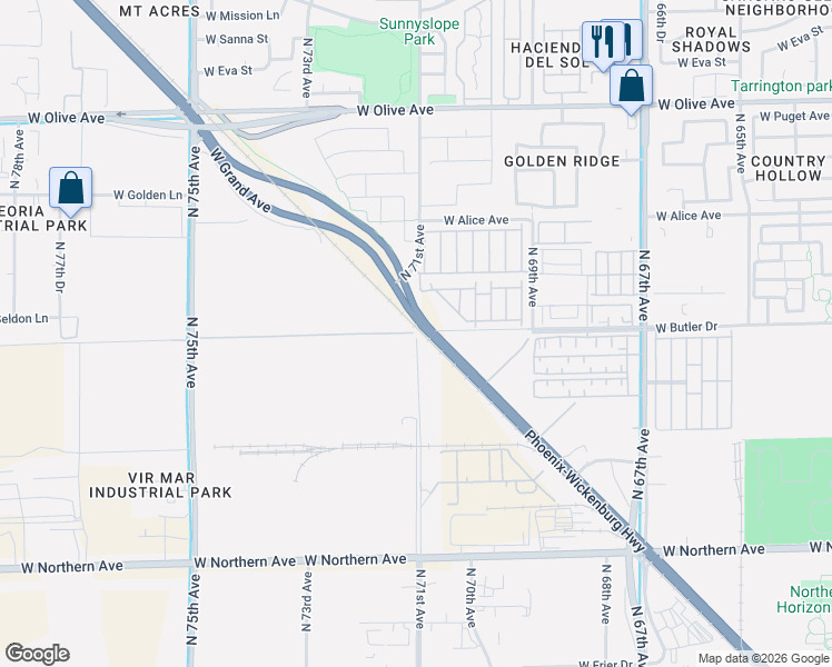 map of restaurants, bars, coffee shops, grocery stores, and more near 8498 North 71st Avenue in Glendale