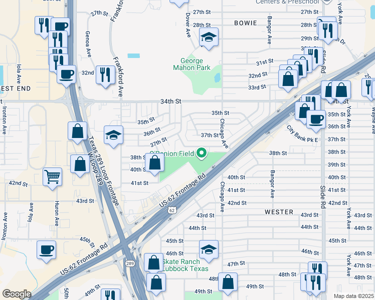 map of restaurants, bars, coffee shops, grocery stores, and more near 5617 38th Street in Lubbock
