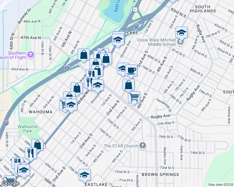 map of restaurants, bars, coffee shops, grocery stores, and more near 7712 2nd Avenue South in Birmingham