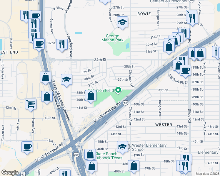 map of restaurants, bars, coffee shops, grocery stores, and more near 5617 38th Street in Lubbock