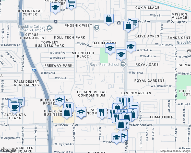 map of restaurants, bars, coffee shops, grocery stores, and more near 2041 West Butler Drive in Phoenix