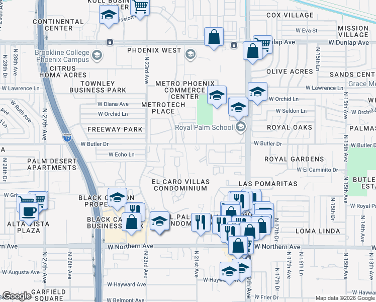 map of restaurants, bars, coffee shops, grocery stores, and more near 2041 West Butler Drive in Phoenix