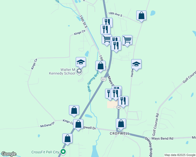 map of restaurants, bars, coffee shops, grocery stores, and more near 2259 Martin Street South in Pell City