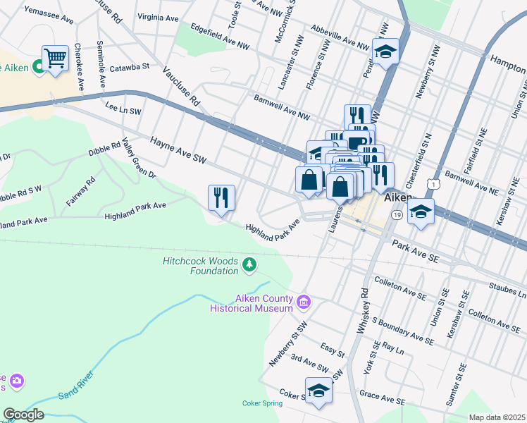 map of restaurants, bars, coffee shops, grocery stores, and more near 240 Florence Street Southwest in Aiken